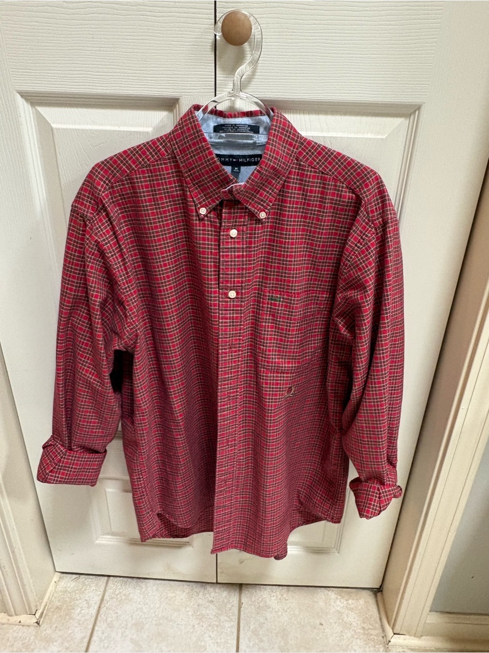 Tommy Hilfiger Men's Red Plaid Button-Down Shirt with Green Accent